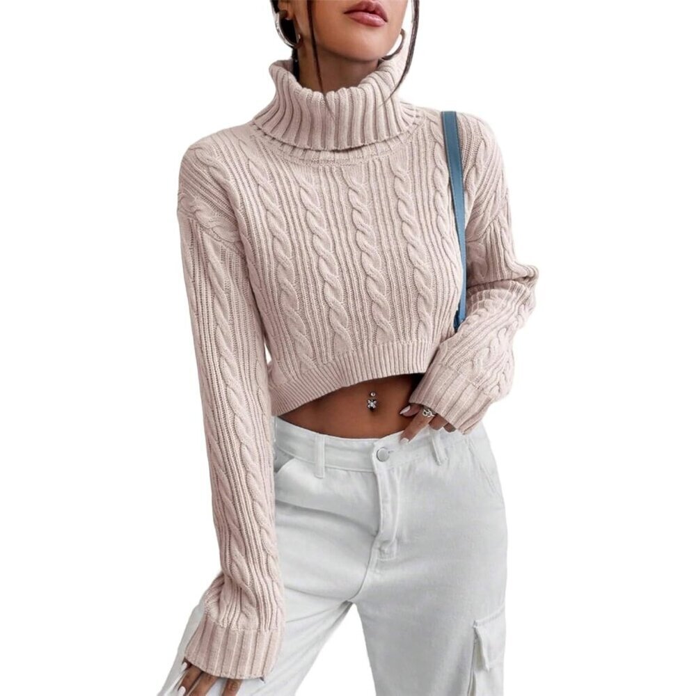 Women's Cropped Turtleneck Sweater Long Sleeve Ribbed Cable Knit Pullover